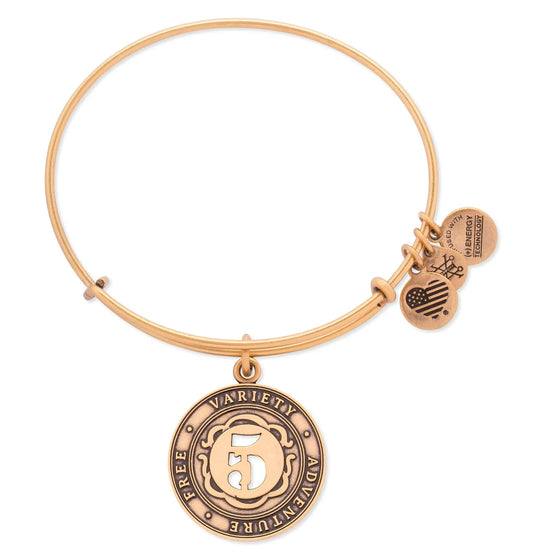 Number 5 Charm Bangle Bracelet by ALEX AND ANI in rose gold-tone with multiple coin charms on Tampa Home & Garden Store