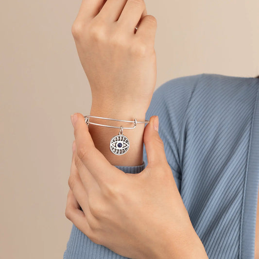 Alex and Ani Evil Eye + Sodalite Charm Bangle, silver-tone bracelet with blue eye charm on Tampa Home & Garden Store