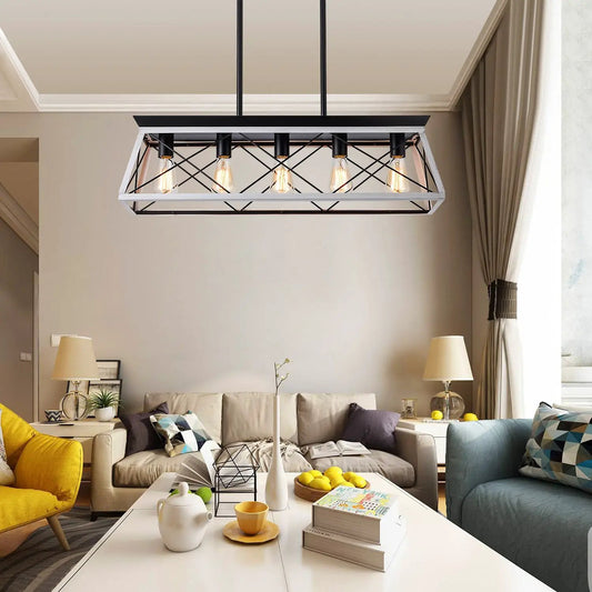 Five-light farmhouse chandelier with black metal frame and white outer rectangle on Tampa Home & Garden Store