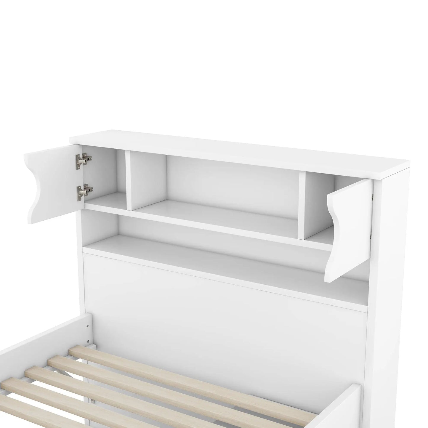 White twin captain platform bed with storage shelves and slat base on Tampa Home & Garden Store