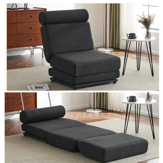 Portable foldable sofa bed with pillow in dark gray fabric in a modern living room on Tampa Home & Garden Store