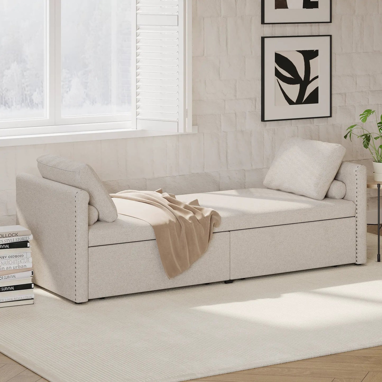 Canapé-lit moderne et rembourré avec 2 tiroirs, petit canapé-lit simple sans matelas, lin, beige
