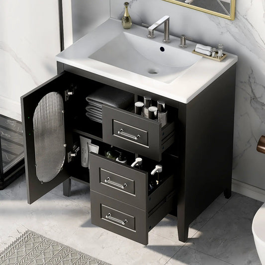 30 Inch Black Bathroom Vanity with Sink, white countertop, open towel storage on Tampa Home & Garden Store