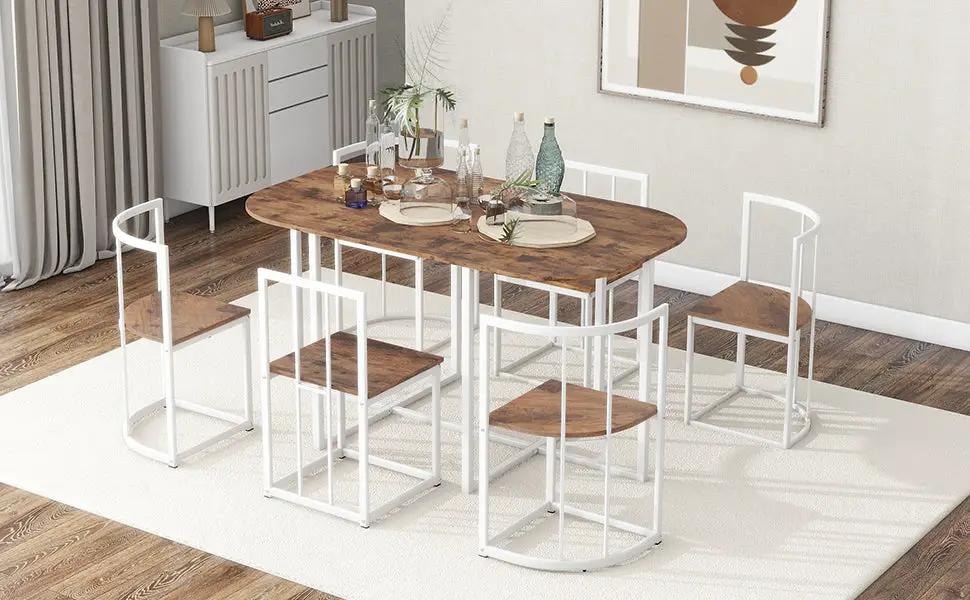 Juego de comedor moderno TOPMAX de 7 piezas con mesa de cocina compacta de imitación mármol de 55 pulgadas para 6 personas, blanco + cerezo