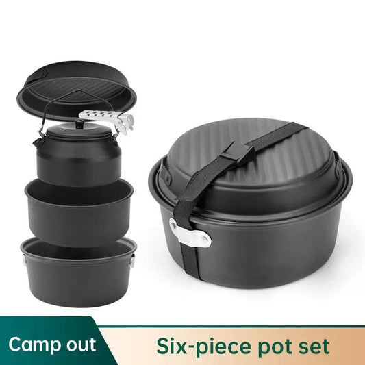 Six-piece nonstick aluminum camping pot set in black with nested pots and kettle on Tampa Home & Garden Store