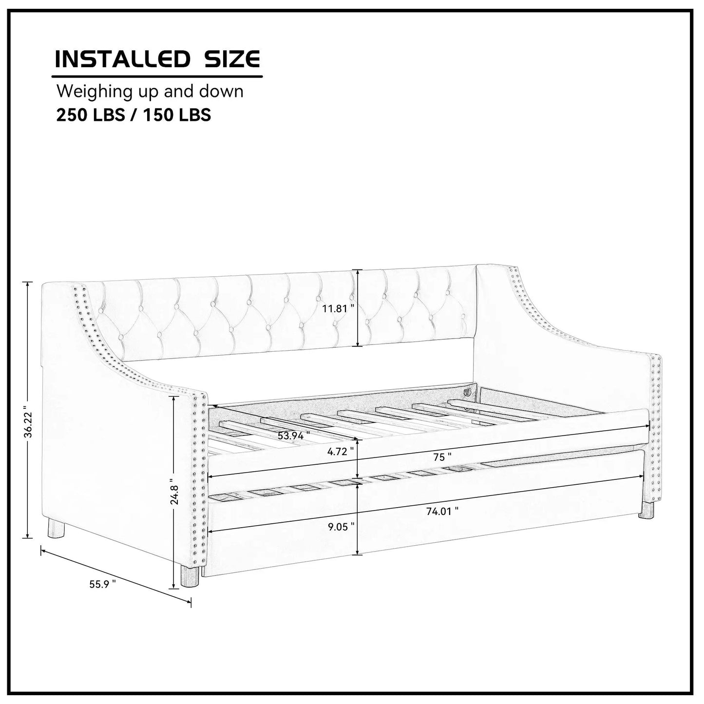 Daybed with Trundle upholstered beige sofa bed with tufted back and nailhead trim blueprint on Tampa Home & Garden Store
