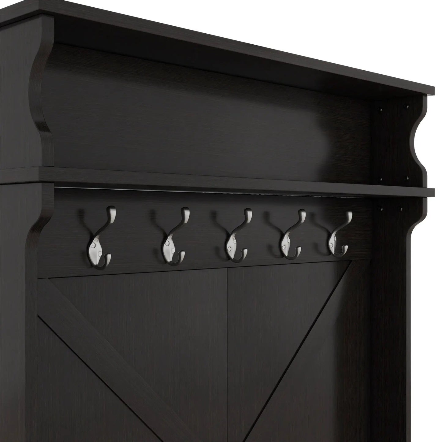 Hall tree with roof rack and storage bench in black wood; row of metal hooks along the front on Tampa Home & Garden Store