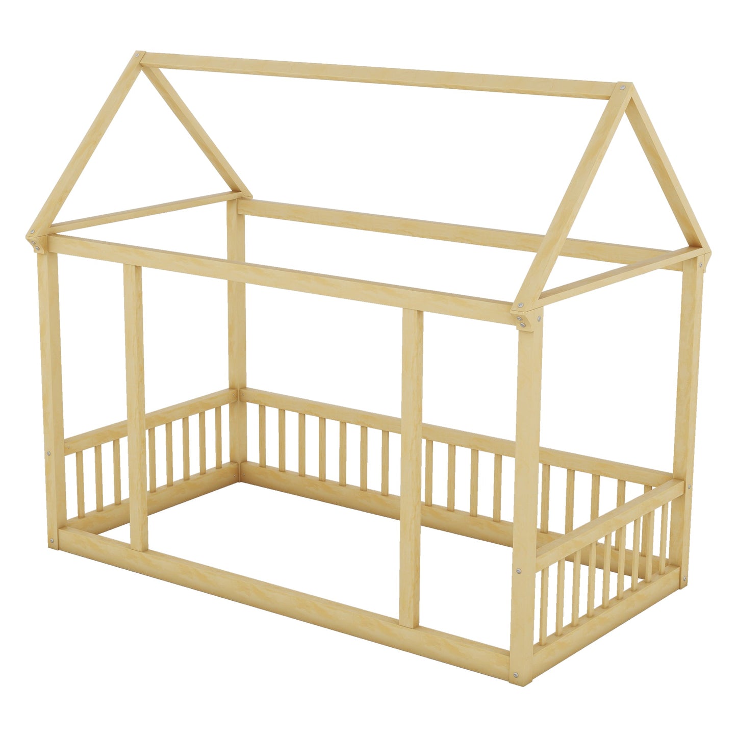 Lit jumeau en bois avec toit de maison et barrières de sécurité, Naturel