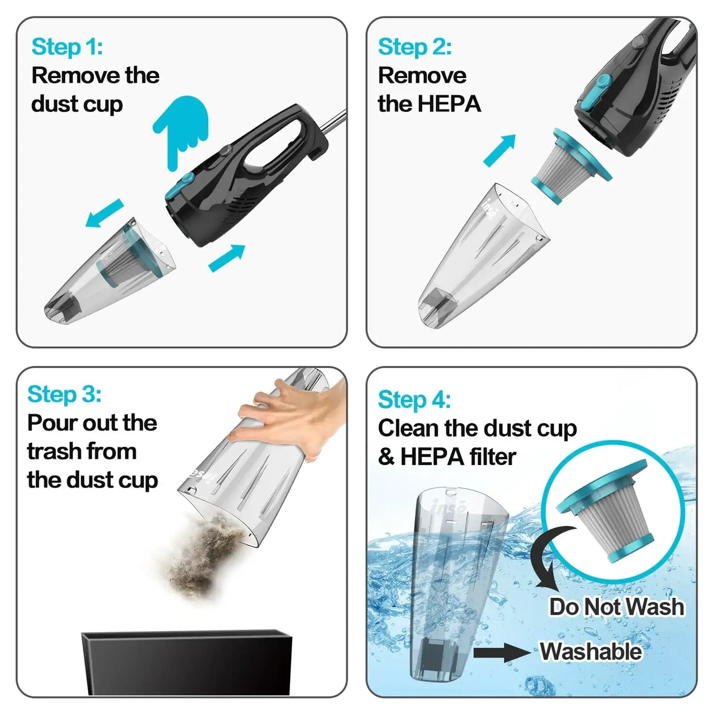 Corded handheld vacuum for car with four-step diagram showing dust cup and HEPA filter on Tampa Home & Garden Store