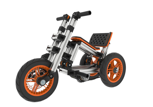 Modular electric kart frame with aluminum rails, orange wheels and perforated footboard on Tampa Home & Garden Store