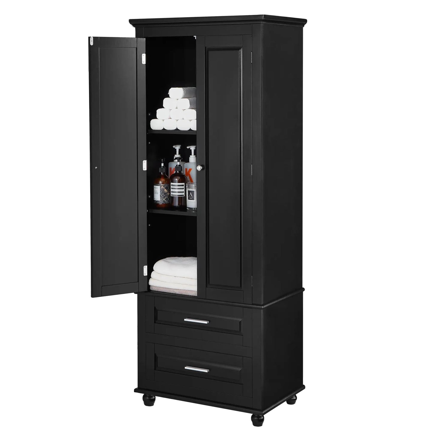Tall black storage cabinet with drawers on casters; door open reveals towels and bottles on Tampa Home & Garden Store