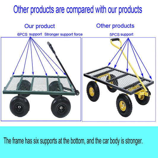 Wagon cart green with metal mesh bed and four wheels, shown beside a yellow garden cart on Tampa Home & Garden Store