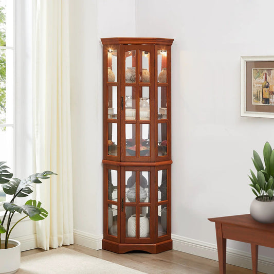 Corner curio cabinet in oak with glass doors, 5 shelves and interior lighting on Tampa Home & Garden Store