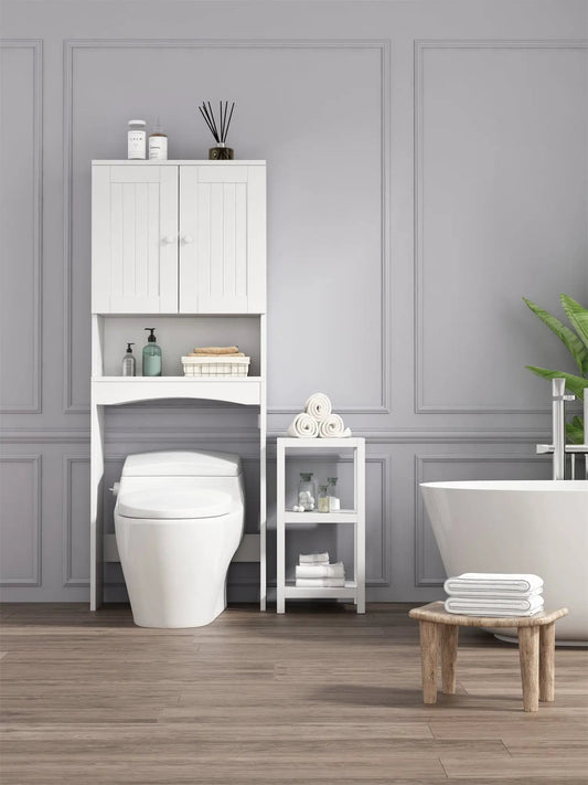 Over the Toilet Bathroom Shelf Space Saver White cabinet with double doors and open shelf on Tampa Home & Garden Store