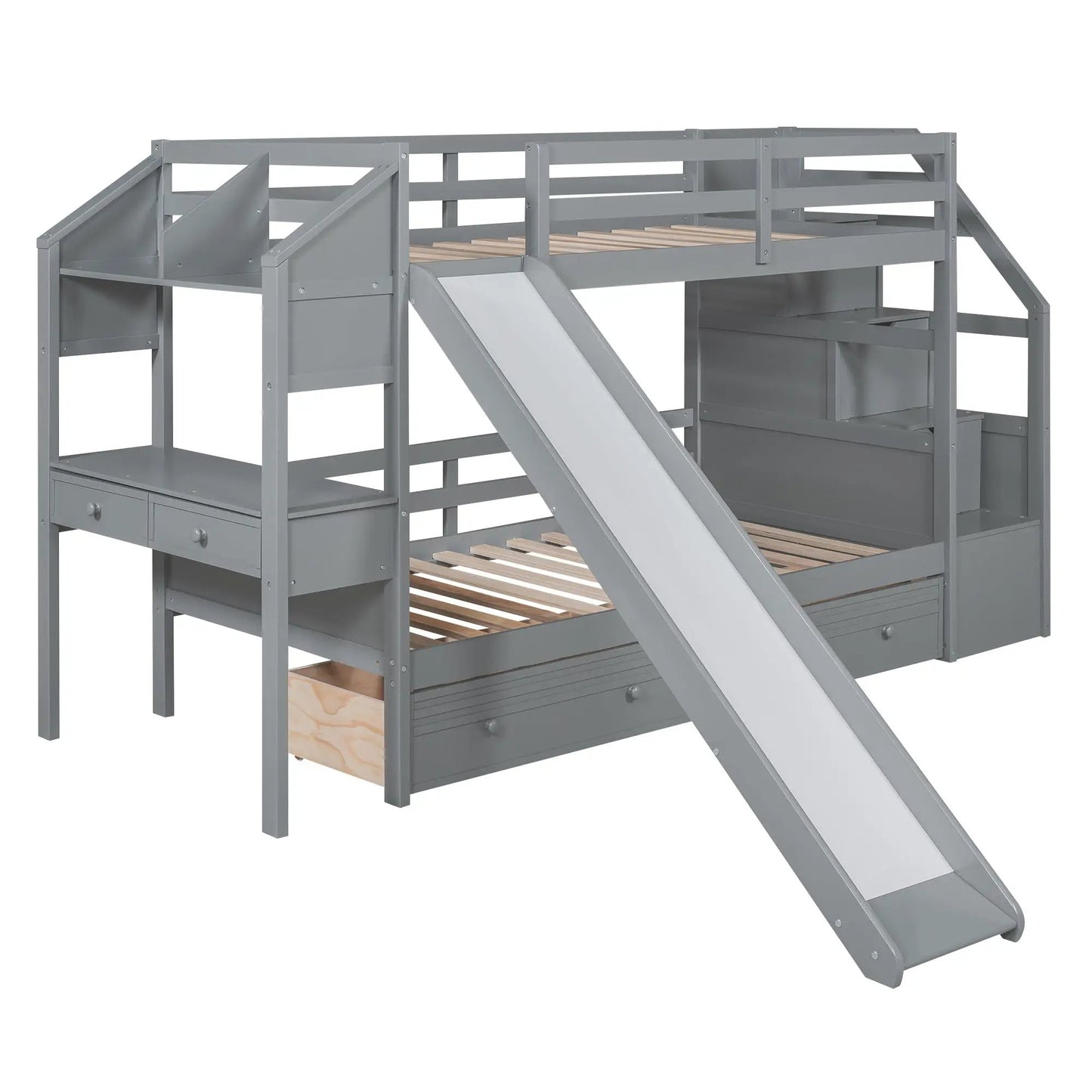 Twin over twin bunk bed in gray with storage staircase, drawers, and front slide on Tampa Home & Garden Store