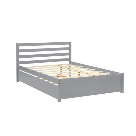 Full-size gray wood platform bed frame with slatted headboard and exposed slats on Tampa Home & Garden Store