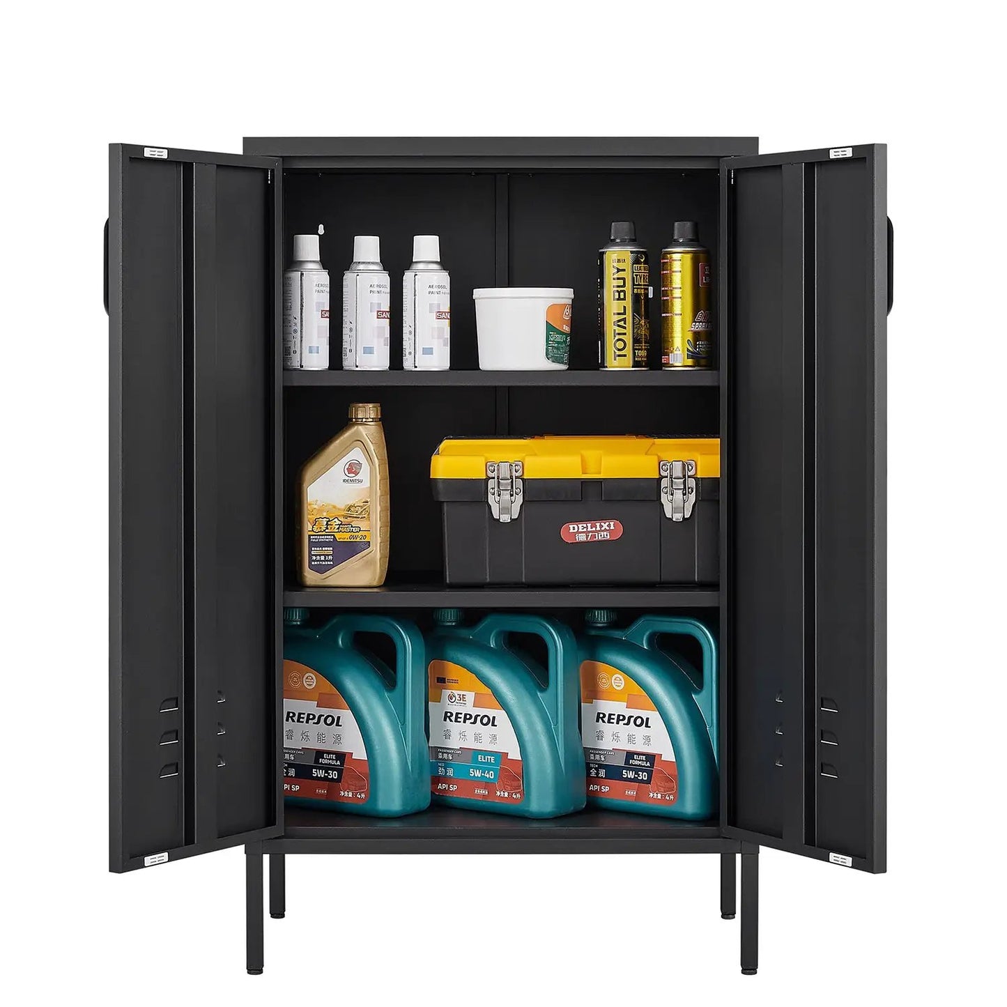 Black steel storage cabinet with doors and partitions, interior shows spray cans and oils on Tampa Home & Garden Store