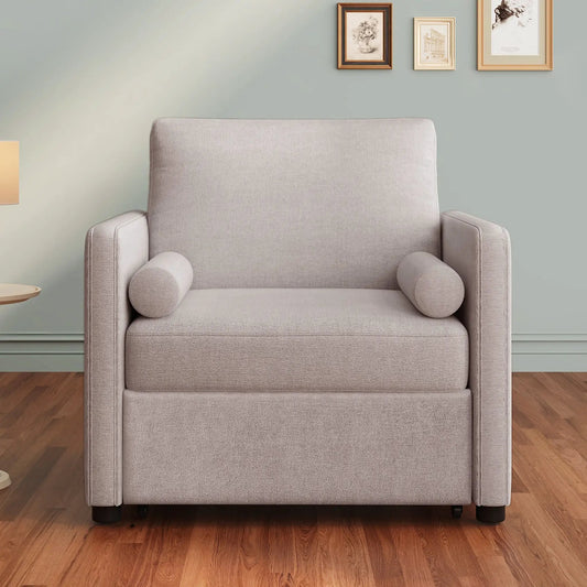 3 in 1 Convertible Sleeper Chair light gray fabric with cylindrical arm bolster pillows on Tampa Home & Garden Store