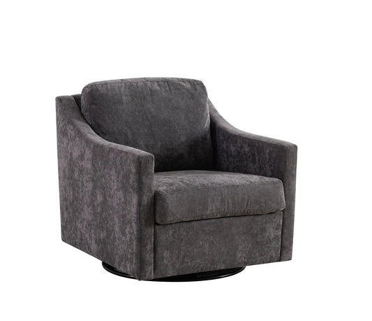 Large gray linen swivel armchair with soft cushions and black pedestal base on Tampa Home & Garden Store