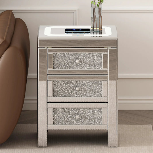 Silver mirrored end table with textured mirrored drawer fronts and glass top smartphone and vase on Tampa Home & Garden Store