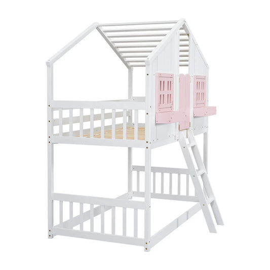 Twin Over Twin House Bunk Bed with Roof Window, white frame with pink shutters, two beds on Tampa Home & Garden Store