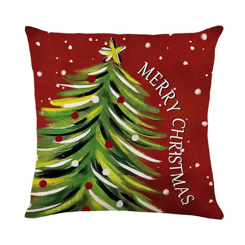 Christmas pillow cover red linen with painted green tree and vertical Merry Christmas text on Tampa Home & Garden Store