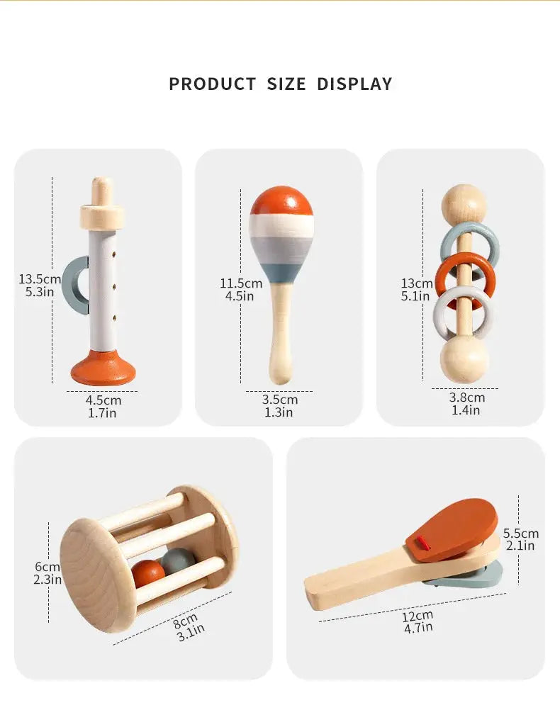 Montessori wooden toddler instrument set 5-piece with natural wood finish and colorful accents on Tampa Home & Garden Store