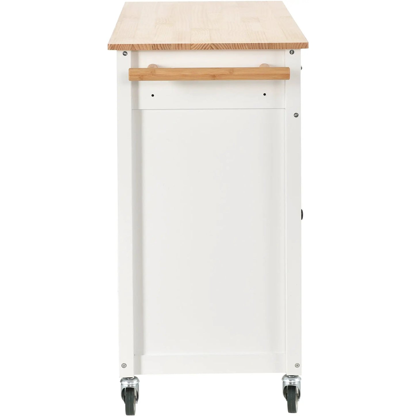 Kitchen island cart with wood top and white base on locking wheels on Tampa Home & Garden Store