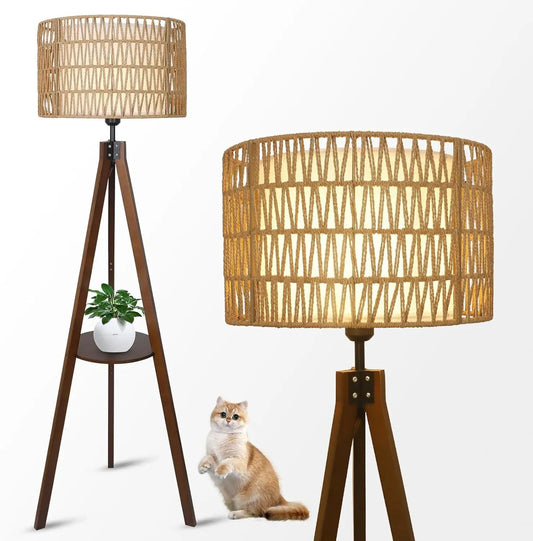 Boho Tripod Floor Lamp with Shelves and Rattan