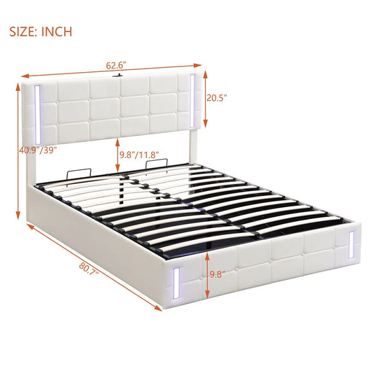 Queen size upholstered bed with LED lighting and USB ports, white tufted headboard on Tampa Home & Garden Store