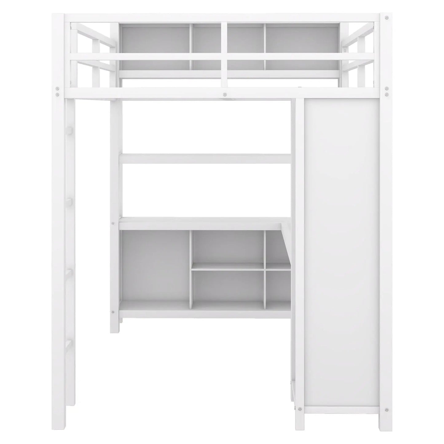 Metal loft bed with wardrobe and built-in storage shelves, white metal frame on Tampa Home & Garden Store