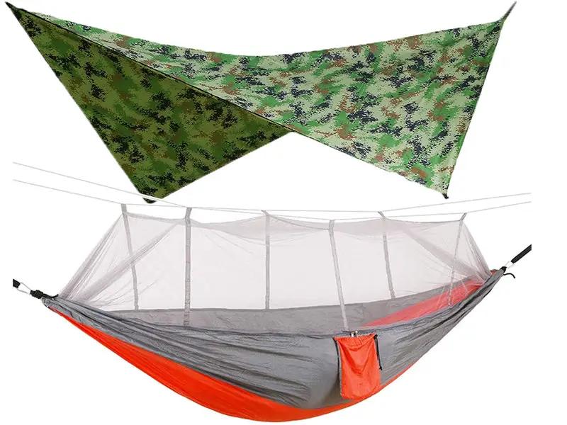 Hamaca doble de camping para exteriores de 260x140cm con mosquitera y toldo impermeable, hamacas de paracaídas ligeras para viajes de senderismo