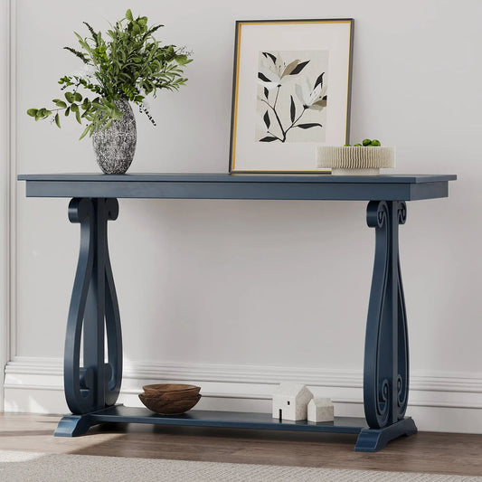 Rustic navy console table with open shelf, greenery vase and framed botanical art on top on Tampa Home & Garden Store