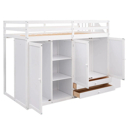 White wooden loft bed with guard rails and built-in storage cabinets 3 shelves 2 drawers on Tampa Home & Garden Store