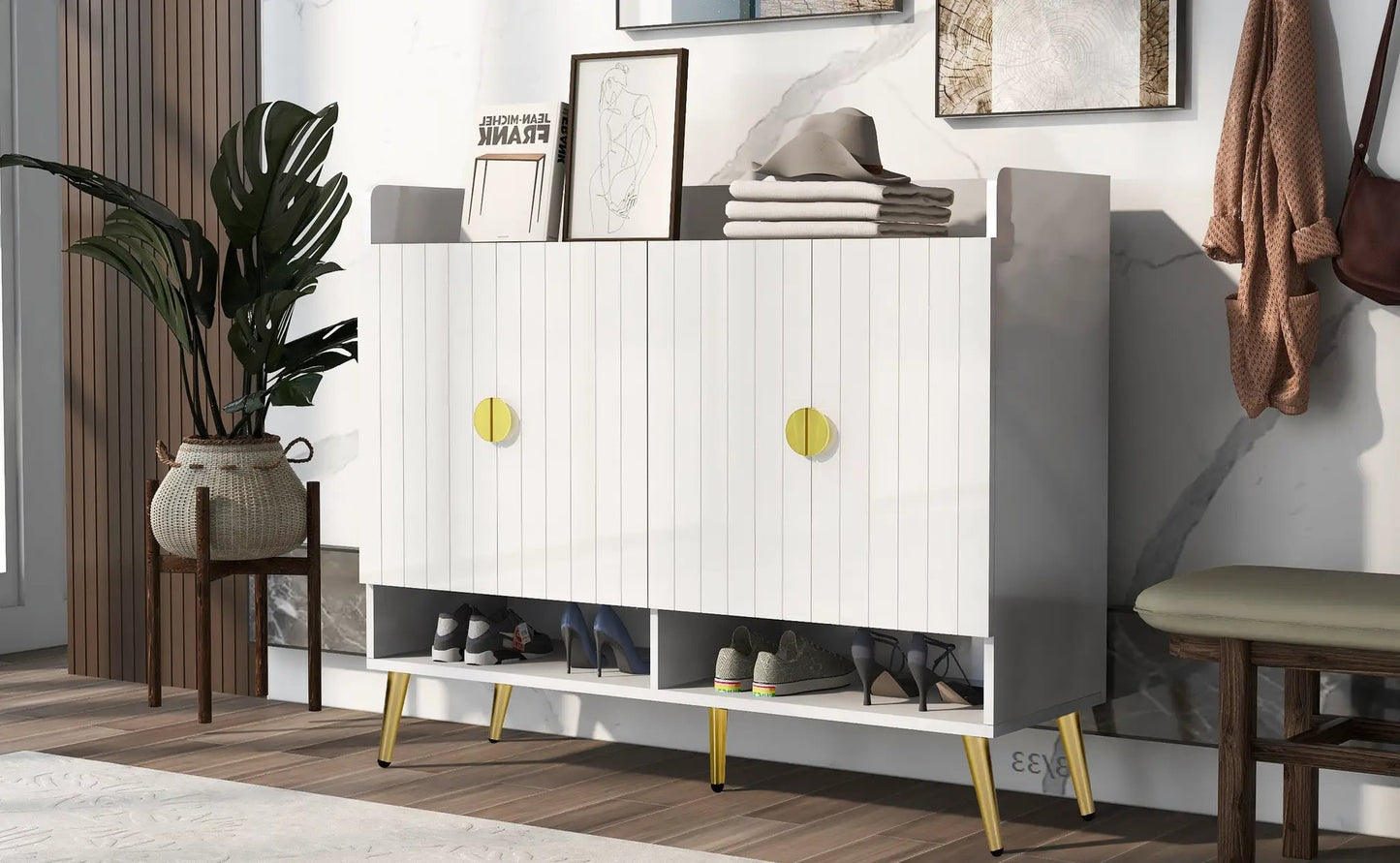 U-Can Shoe Cabinet with Doors, white slatted doors, 11-tier storage, yellow knobs, gold legs on Tampa Home & Garden Store