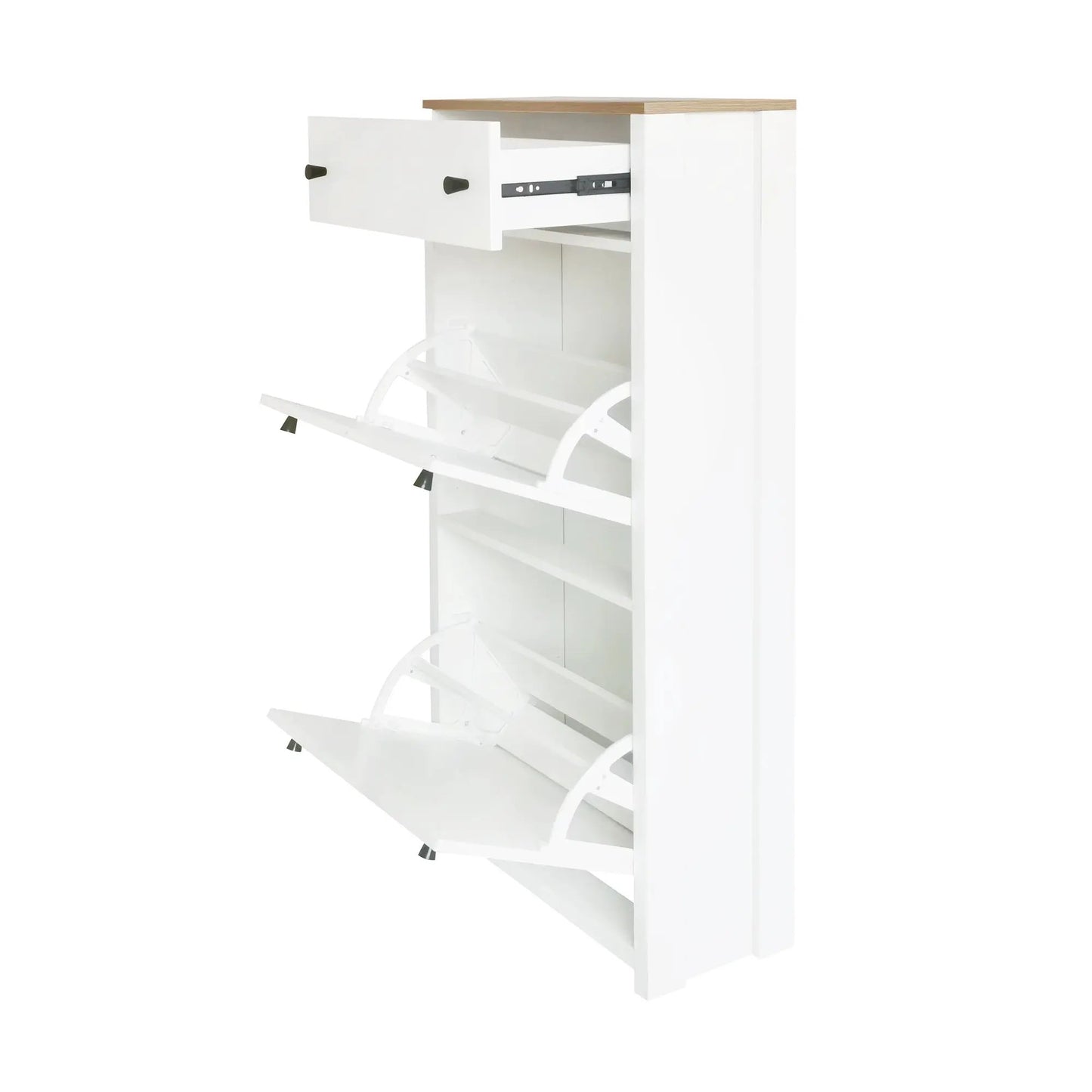 Slim white shoe cabinet with wood top and four flip-down drawers for organized storage on Tampa Home & Garden Store