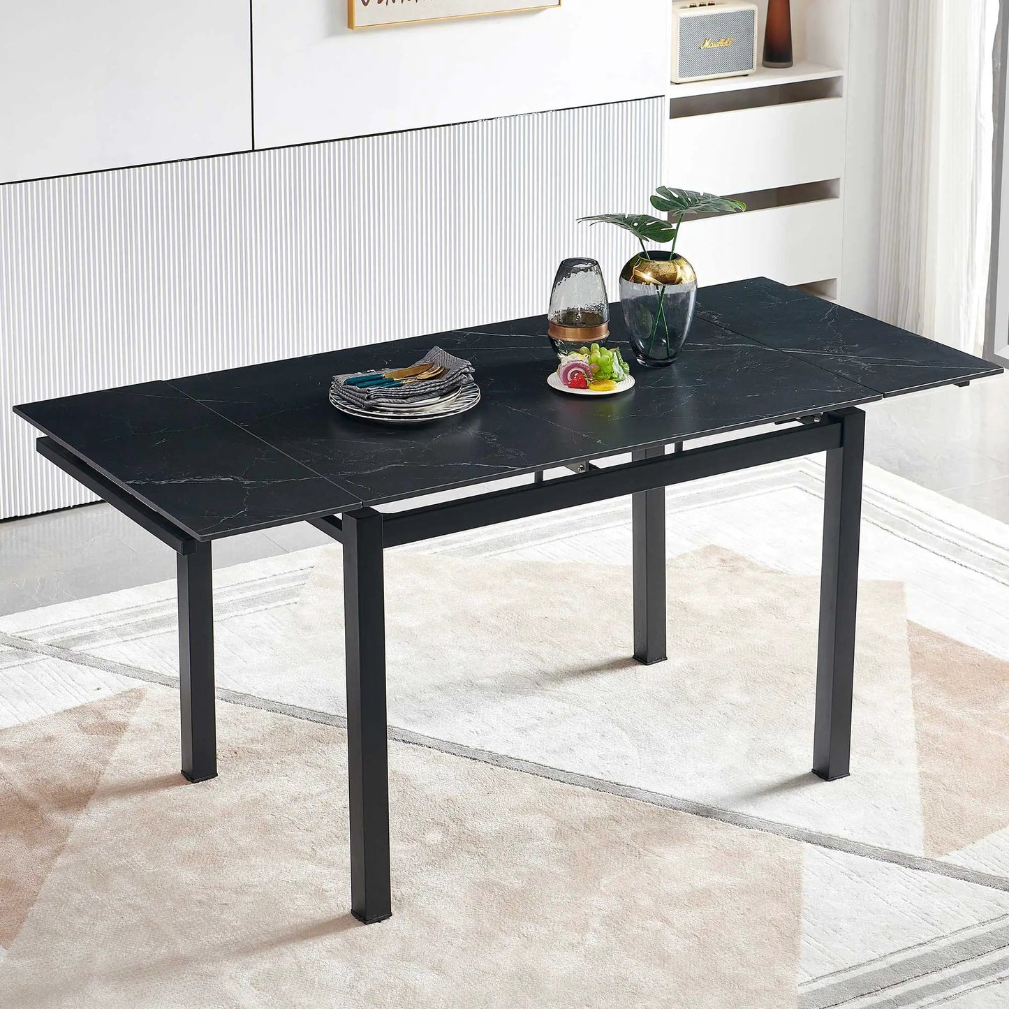 Mesa de comedor rectangular extensible moderna de cerámica negra para cocinas y espacios pequeños - Mesa
