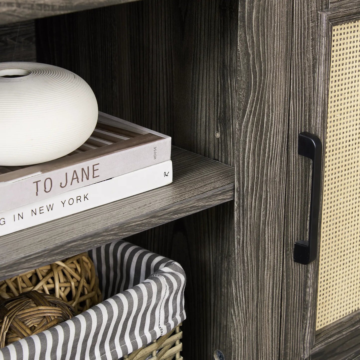 Farmhouse Rattan TV Stand with 2 Shelves Gray, gray wood finish with woven rattan panel on Tampa Home & Garden Store