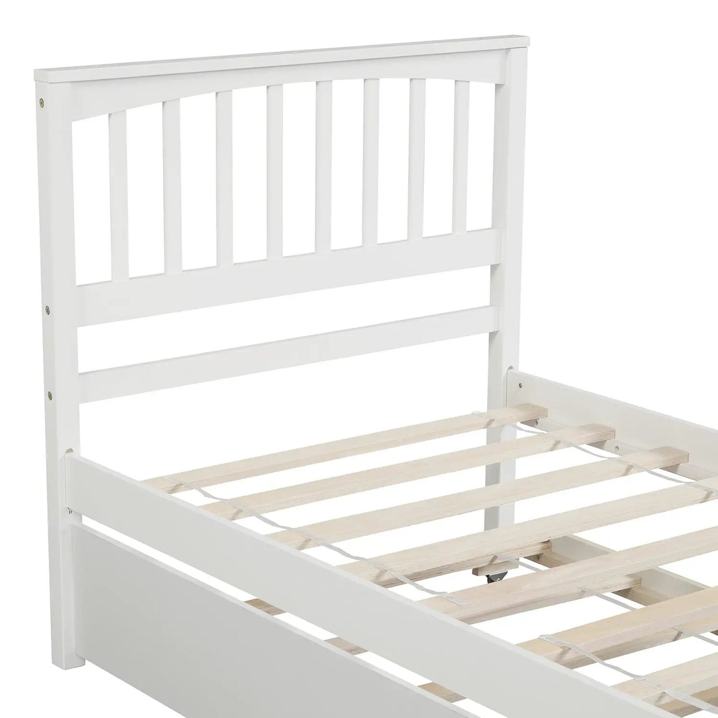 White twin size platform bed with tall slat headboard and slatted mattress support on Tampa Home & Garden Store
