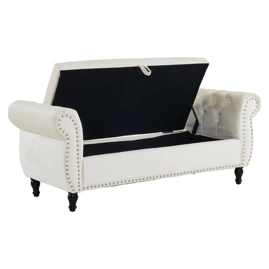 Beige velvet storage rectangular ottoman bench with open lid and black interior on Tampa Home & Garden Store