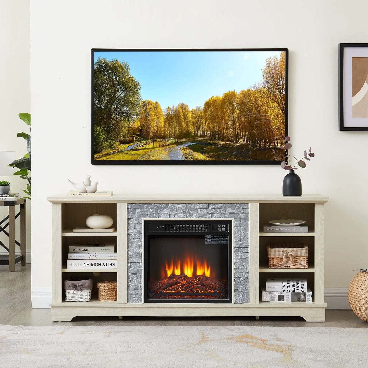 Mantel Electric Fireplace TV Media Stand White with built-in flame effect on Tampa Home & Garden Store