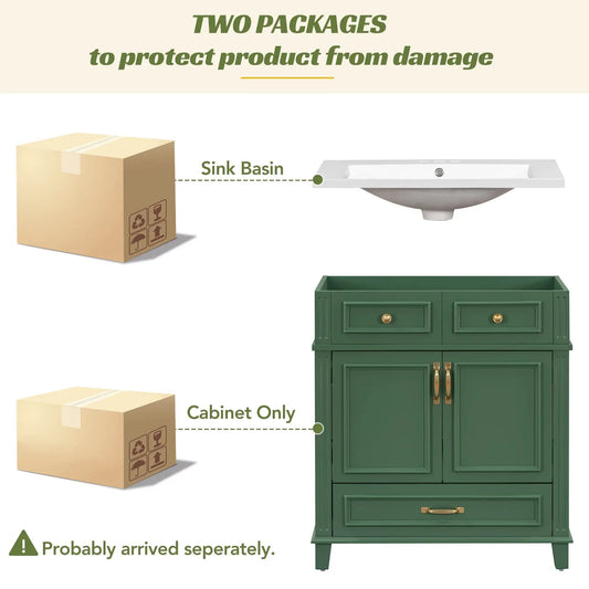30 Inch Solid Wood Vanity with Soft Close Doors green cabinet with brass hardware and sink on Tampa Home & Garden Store
