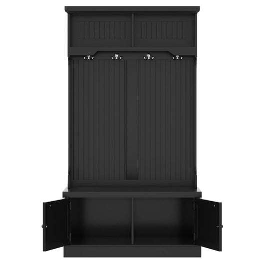 Hall Tree With Storage Bench and 4 Hooks Black finish with beadboard back panel on Tampa Home & Garden Store