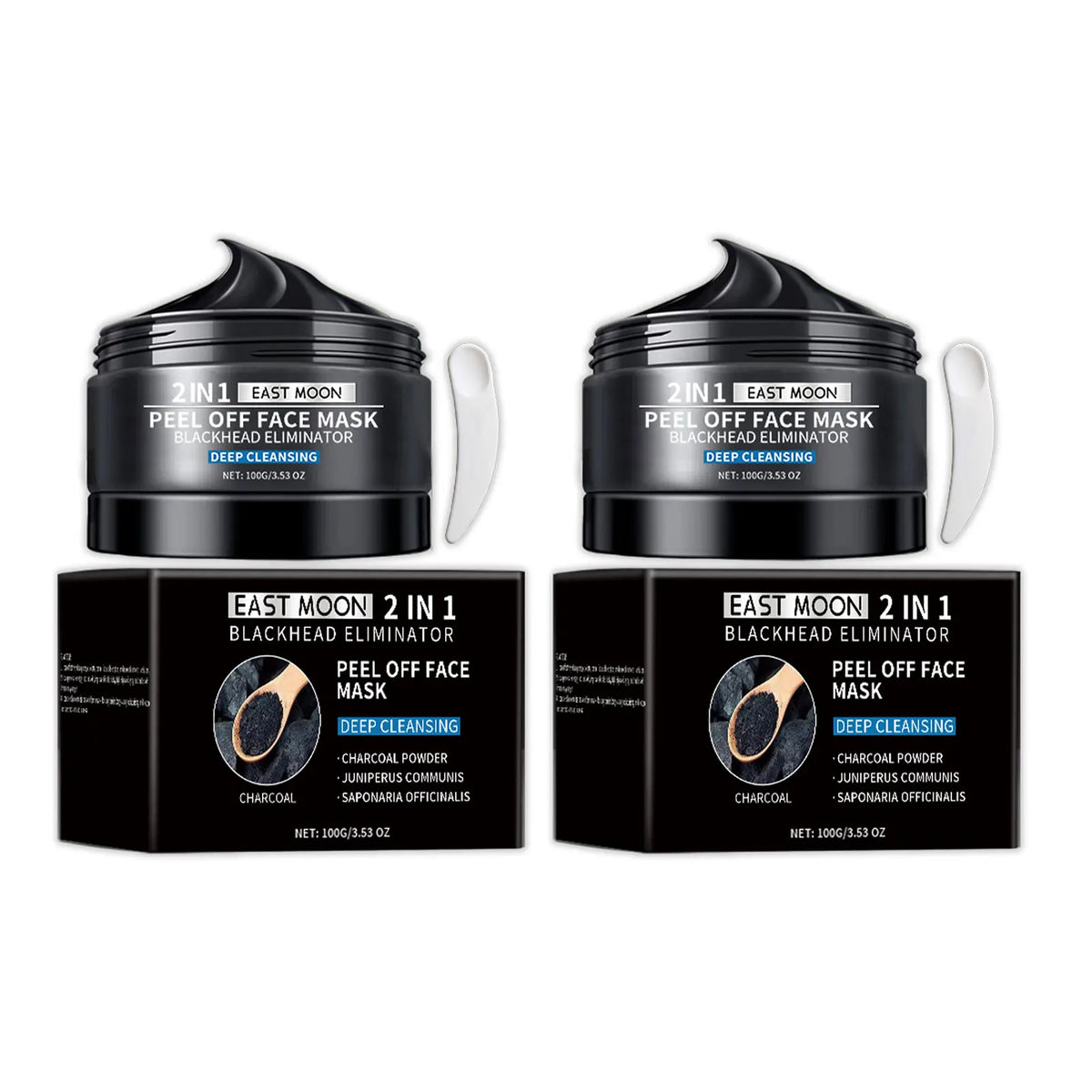 Two charcoal peel-off mask jars with white spatulas; East Moon 2IN1 Blackhead Eliminator on Tampa Home & Garden Store