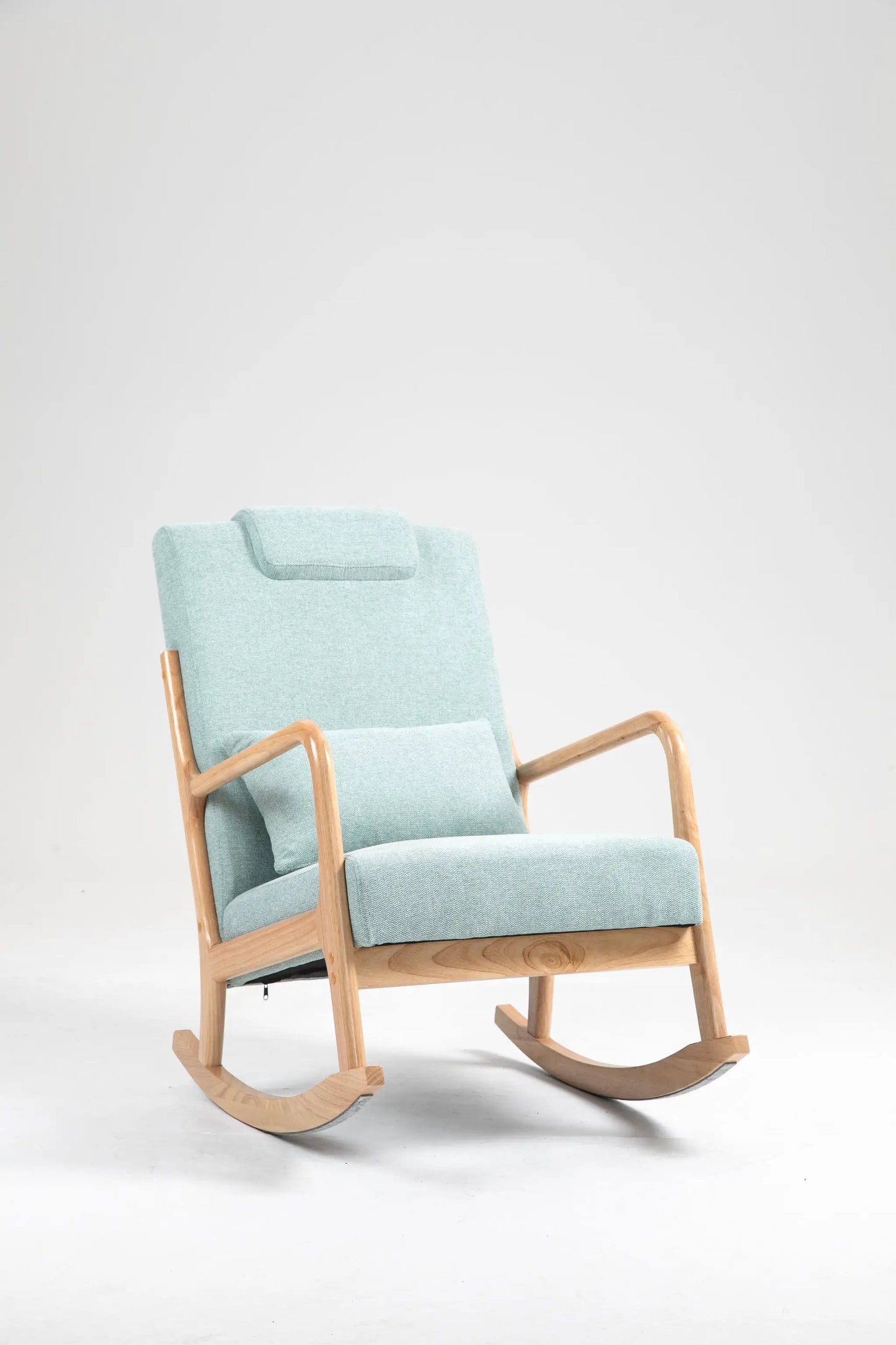 Upholstered rocking chair with high back in teal fabric and wooden curved rockers on Tampa Home & Garden Store