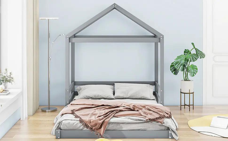 Wood full-size house bed with gray frame, guardrail, and roof silhouette in modern bedroom on Tampa Home & Garden Store