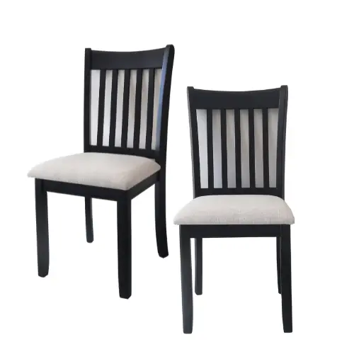 Upholstered black dining chairs set of 2 with beige cushioned seats and slat backs on Tampa Home & Garden Store