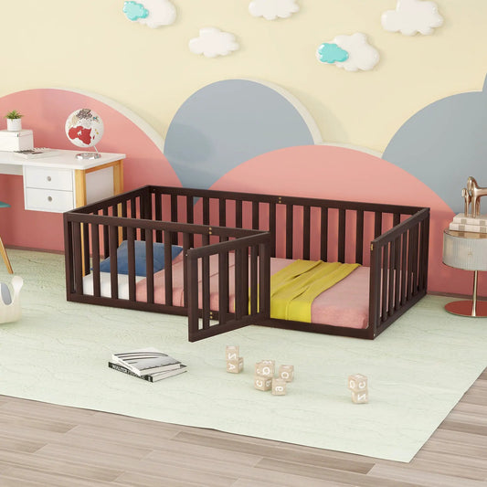Twin size walnut wood floor bed frame with fence, dark finish in a pastel kids room on Tampa Home & Garden Store
