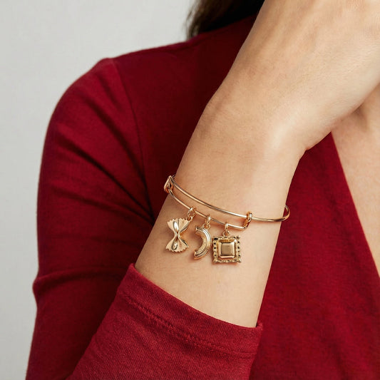Fun Gold Pasta Three Charm Bangle Bracelet