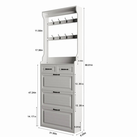 White shoe cabinet with 3 doors and 2 drawers, top hanging rack with hooks for coats on Tampa Home & Garden Store